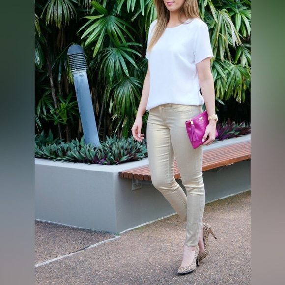 New Nordstrom CJ Cookie Johnson Champagne Gold Metallic Mid Rise Skinny Jeans - Picture 1 of 7